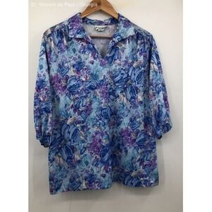 Envious Blue & Purple Floral Vintage USA Made Long Sleeve Pullover Blouse -Sz 20